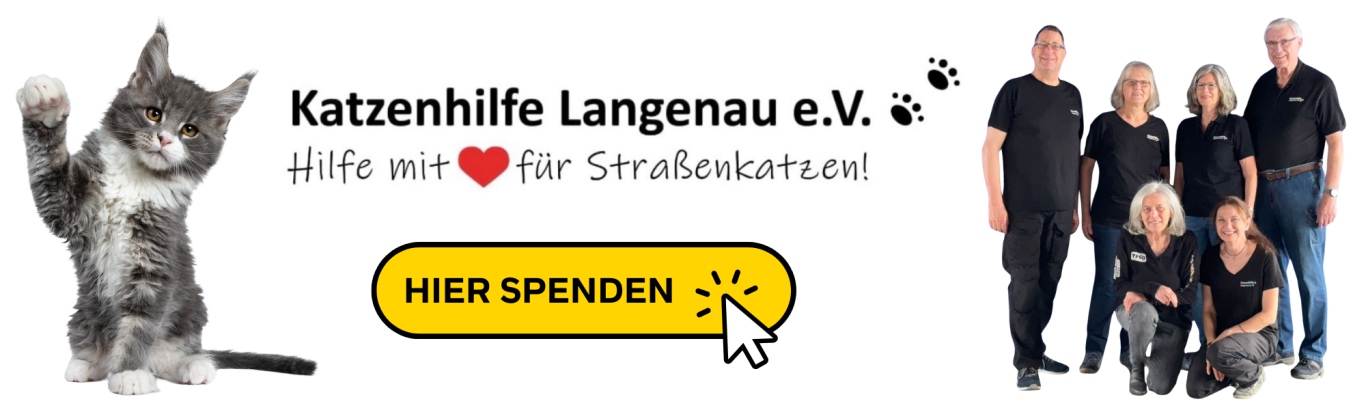 Katzenhilfe Langenau e.V. Logo der Katzenhilfe Langenau e.V. mit eine süßen Katze, einem Bild vom Vorstand und einem Spendenaufruf.