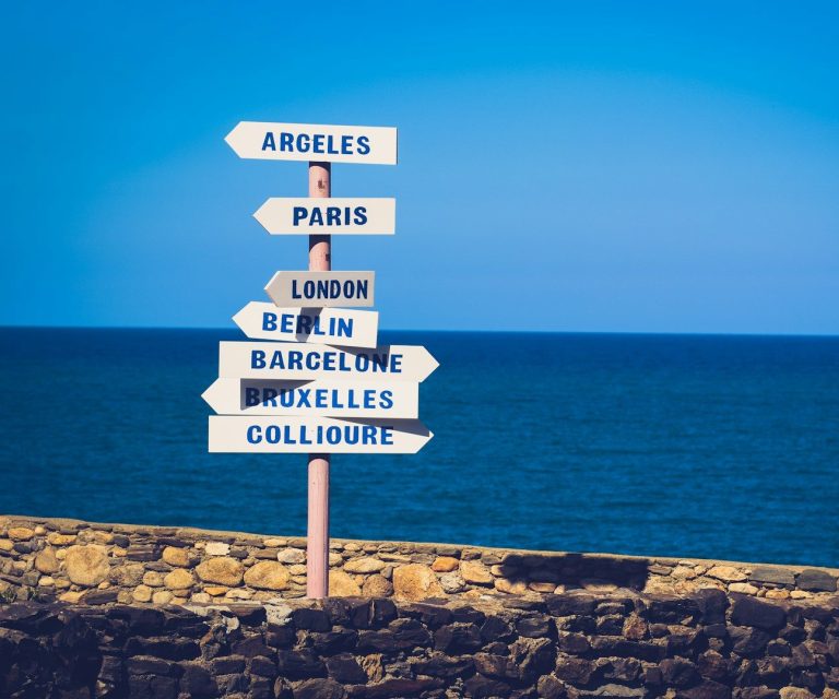 Wegweiser mit Städtenamen und Richtungen vor einem blauen Meerhintergrund.